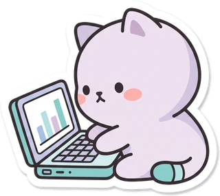 노트북으로 차트를 보는 고양이 캐릭터